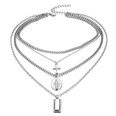 

Boho Gold Silver Color Cross Layered Necklace Jesus Virgin Mary Pendant Necklace For Women Religious Jewelry Easter Days Gift