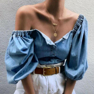 

Hot Women Loose Off Shoulder Denim Lantern Sleeve Blouse t Shirt Ladies Tops US