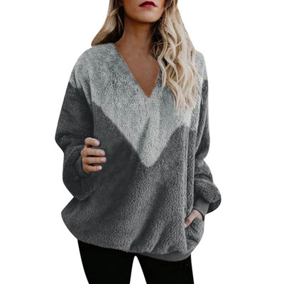 

Women Solid Color Loose Hooded Pocket Long-Sleeved Plush Sweater Coat Top Blouse