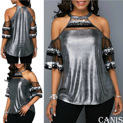 

Women Summer Blouse Tops Short Sleeve Solid Bling Sexy Cold Shoulder T Shirt
