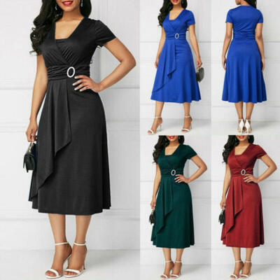 

New Womens V Neck Plain Color Formal Cocktail Party Evening Long Dress Plus Size