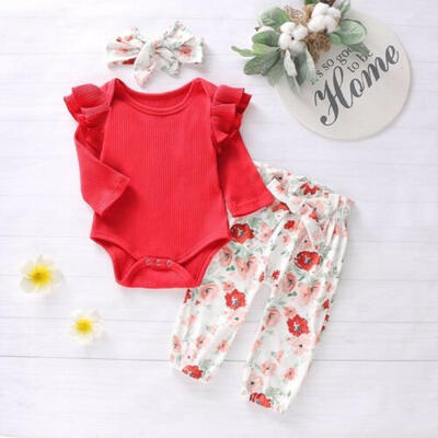 

Newborn Baby Girls Cotton Romper Tops Floral Pants Trousers 3Pcs Outfit Clothes