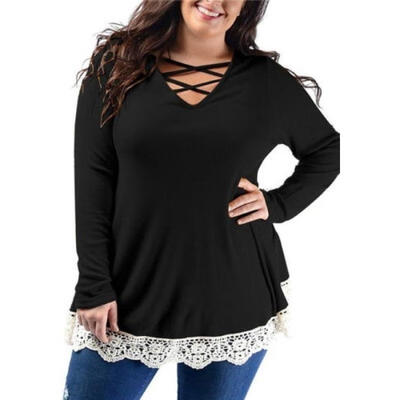 

Women Long Sleeve Tops Casual Lace Blouse Loose T-Shirt Plus Size
