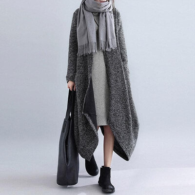 

Fashion Women Winter Solid Color Longline Coat O Neck Long Sleeve Zipper Pocket Irregular Hem Loose Casual Outerwear
