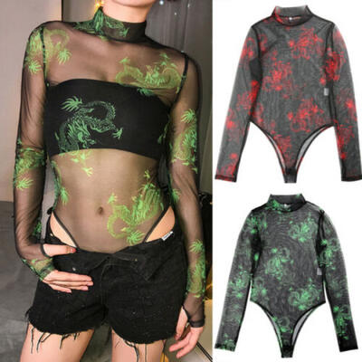 

Romper Women Bodysuit Leotard Blouse Long Sleeve Mesh Stretch Jumpsuit Slim Tops