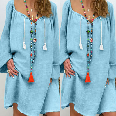 

Womens Boho Baggy Loose Linen Cotton V-Neck Kaftan Midi Dress Beach Long T-Shirt Mini Sundress Plus Size