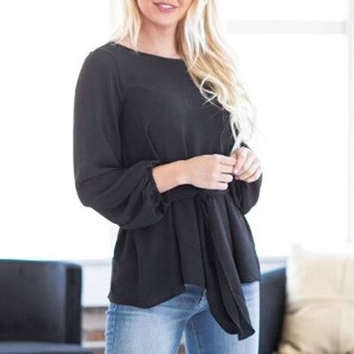 

Tailored Womens Autumn Solid Color O Neck Long Sleeve Bandage Waist Casual Blouse Tops