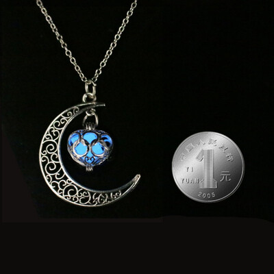 

Glow In the Dark Jewelry Silver Plated with Crescent Shaped Pendant Luminous Stone Beads Necklace for Women Gift
