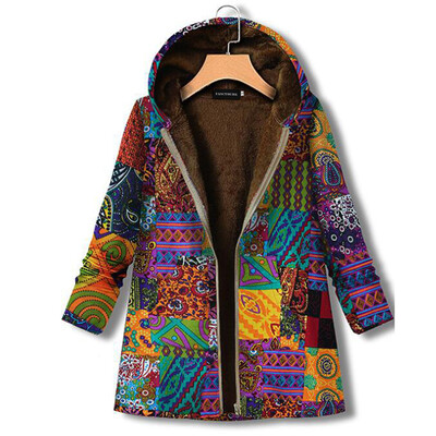 

Women Autumn Winter Geometric Pattern Printed Hooded Jacket