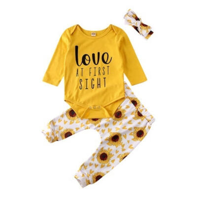 

3PCS Newborn Infant Baby Girls Flower Romper Long Pants Hat Outfit Clothes Set
