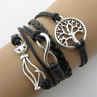 

Vintage Infinity Cat Bracelets &amp Bangles with Metal Life Tree for womenHot sale Multilayer Leather Rope Bracelets
