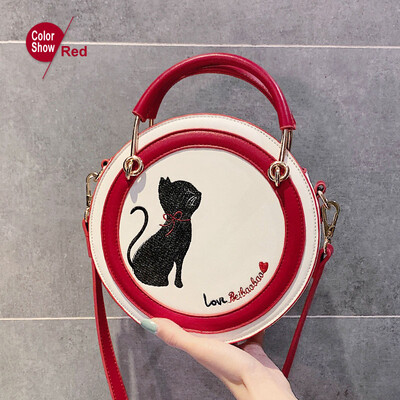 

Womens Shoulder Bag Cute Cat Handbag Circular Fashion Bags PU Leather Embroidery Round Messenger Crossbody bag womens 2019