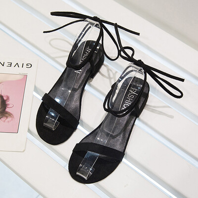 

Sandals woman Xia hundred thick heels middle heel fairy wind bow tie student cross tie Roman shoe girl