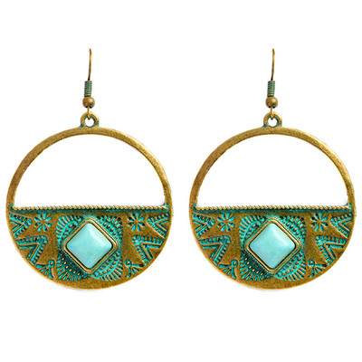 

New Rustic Blue Stone Big Circle Dangling Chandelier Earrings Bohemian Jewelry Ethnic Jewelry Women Gift for her Boho