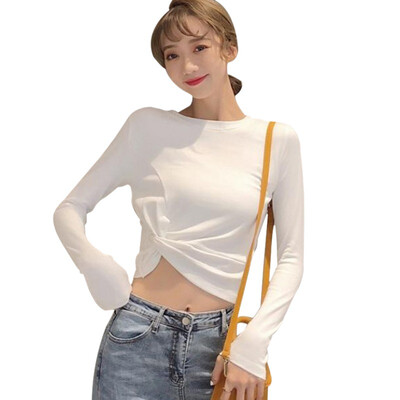 

Female Short T-Shirt Front Cross-length Round Neck Sexy Tops Solid Color Long Sleeve Women T-shirts Slim Tee Tops