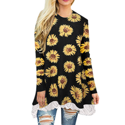 

Starmoon Womens Casual O Neck Long Sleeve Printed Lace Patchwork T Shirt Tops Blouse