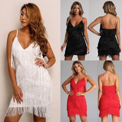

Women&39s Sexy V Neck Sleeveless Spaghetti Strap Backless Tassels Mini Party Dress