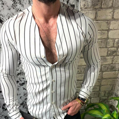 

Mens Long Sleeve Shirt Summer Cool Slim Casual V-Neck Shirts Tops -3XL