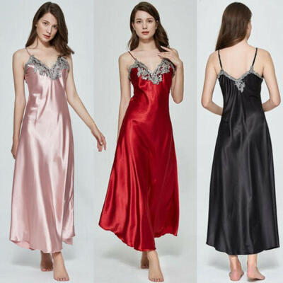 

Ladies Womens Satin Long Nightdress Silk Lace Lingerie Nightgown Sleepwear US