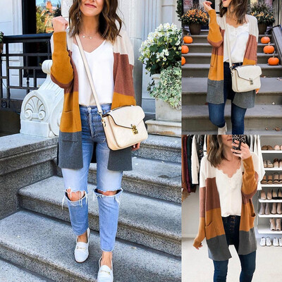 

Toponeto Women Casual Long Sleeve Patchwork Pocket Cardigan Tops Blouse Coat