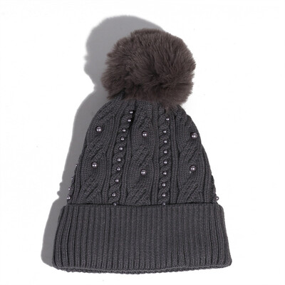 

Hats ladies autumn&winter Korean version pearl wool cap thickened&fluffy ball hood outdoor warm knit cap tide