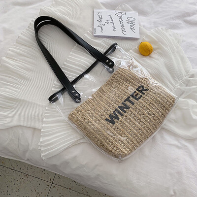 

New ins transparent big bag female 2019 new summer fashion letter tide wild woven single shoulder mother bag