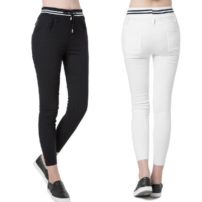 

New Fashion Women Casual Pants Elastic Waist Drawstring Slim Pencil Pants Trousers BlackWhite