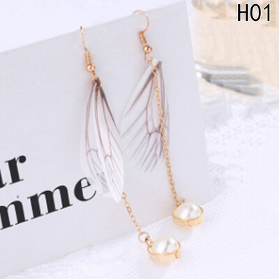 

1 Pair Women Butterfly Wing Dangle Chandelier Pearl Drop Long Chain Earrings