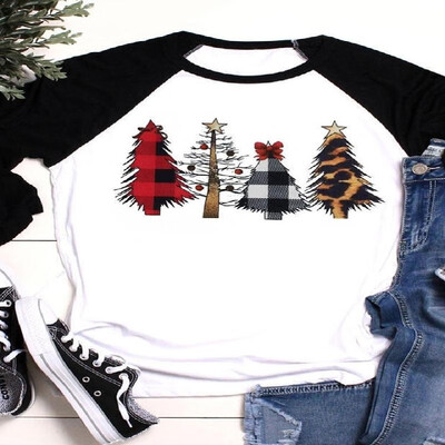

Raglan Long Sleeves Christmas Trees Pattern Printed Tee