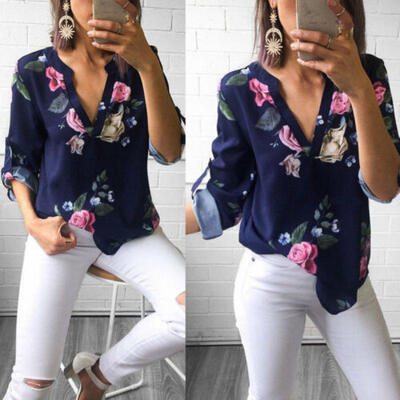 

Women Ladies Loose Floral Long Sleeve Blouse Baggy Tops Ladies V Neck T Shirt