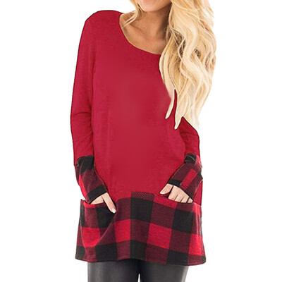 

Nomeni Womens Tops Plaid Splice Hem Round Neck Long Sleeve Cute Tunic Blouse