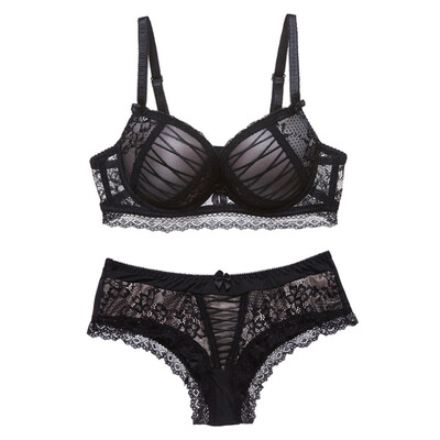 

Toponeto New Fashionable Women Lace Deep V Underwear Embroidered Gather Together Bra Suit