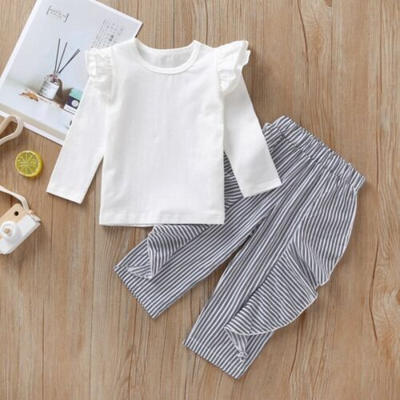 

Toddler Kids Baby Girl Ruffle Tops T-Shirt Stripe Pants Trousers Outfits Clothes