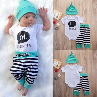 

Newborn Baby Boys Girls Tops Rompers Striped Pants Hats 3PCS Outfits Set Clothes