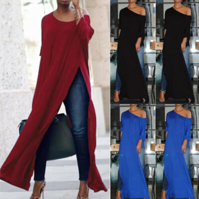 

New Women Off The Shoulder Casual High Split Crop Tops Long Maxi Shirt Blouse
