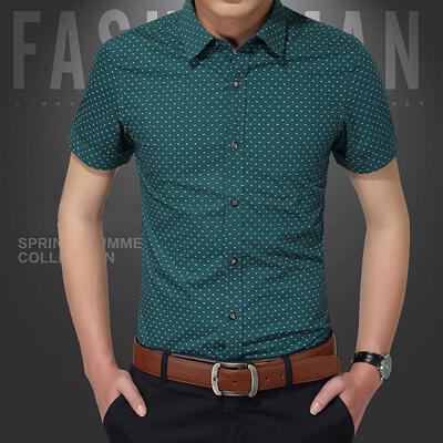 

Mens Casual Short Sleeve Cotton Shirts Dot Print Button Down Slim Shirts