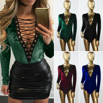 

New Womens Plunge V Neck Bodycon Sleepwear Bodysuit Short Romper Leotard Tops