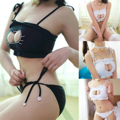

3pcs Women Sexy Cat Cartoon Sleepwear Babydoll Lingerie Nightdress Pajamas Set