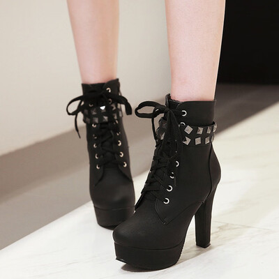 

Rose Womens Round Toe Lace Up Ankle Buckle Chunky High Heel Platform Knight Boots