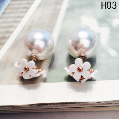 

Fashion Women Jewelry Double Sided Pearl Daisy Earrings Big Ball Beads Ear Stud