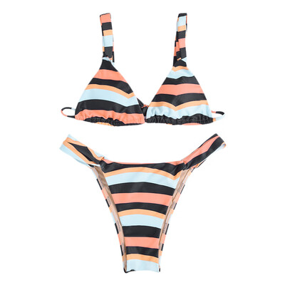

Sexy Shoulder Strap Colorful Striped Backless Tied Padded Women Bikini Set