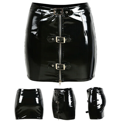 

Ladies Mini Skirt Clubwear Sexy Tight Party Buckles PVC Gothic Zipper Wet Look