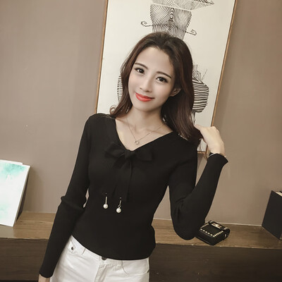 

Autumn Casual Solid Long Sleeve Women Bow Button T-Shirt Elegant V-Neck Knitted Slim Tops Knitwear
