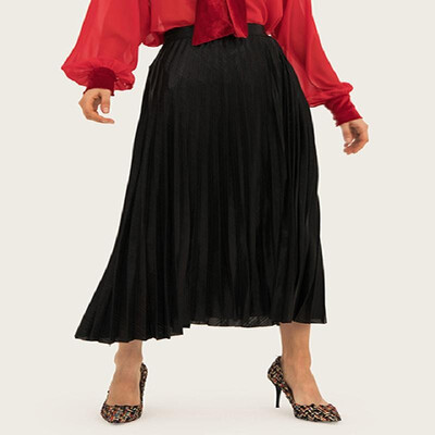 

Elastic High Waist Solid Pleated Long Skirt