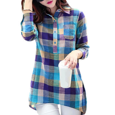 

Casual Autumn Women Slim Cotton Linen Base Shirt Cardigan Lattice Long Tops