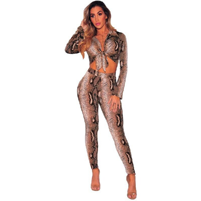 

Sexy Women Two-piece Set Snake Print Crop Top Deep V Neck Bandage Long Sleeve Long Pants Slim Bodycon Suits Khaki