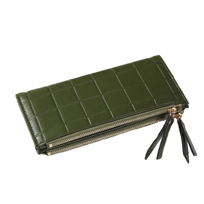 

Women Solid Color Plaid Dual Zipper Long Wallet Purse Faux Leather Card Holder