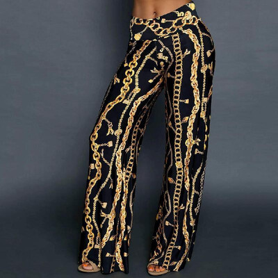 

Fashion Women Gold Chain Print Wide Leg Palazzo Pants Loose High Waist Party Club Capri Trousers Black