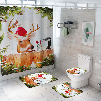 

Siaonvr Santa Christmas Print Toilet Bathroom Mat And Shower Curtain Four-Piece Set