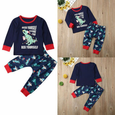 

UK Toddler Baby Boy Girl Christmas Dinosaur Long-sleeved Tops Pants Clothes 2PCS